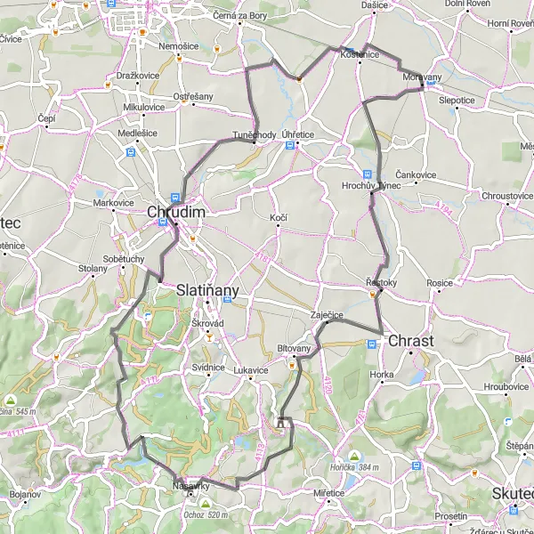 Map miniature of "Moravany - Řestoky - Obořice - Boiika - Smrkový Týnec - Rabštejnek - Tuněchody - Catania" cycling inspiration in Severovýchod, Czech Republic. Generated by Tarmacs.app cycling route planner