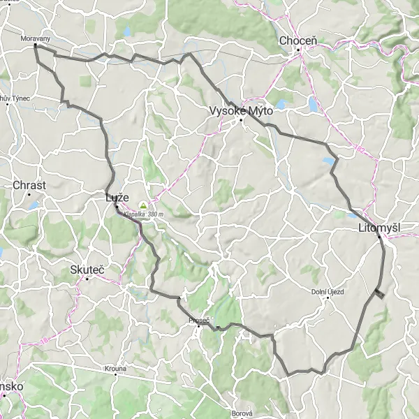 Miniaturní mapa "Opulentní okruh z Moravan" inspirace pro cyklisty v oblasti Severovýchod, Czech Republic. Vytvořeno pomocí plánovače tras Tarmacs.app