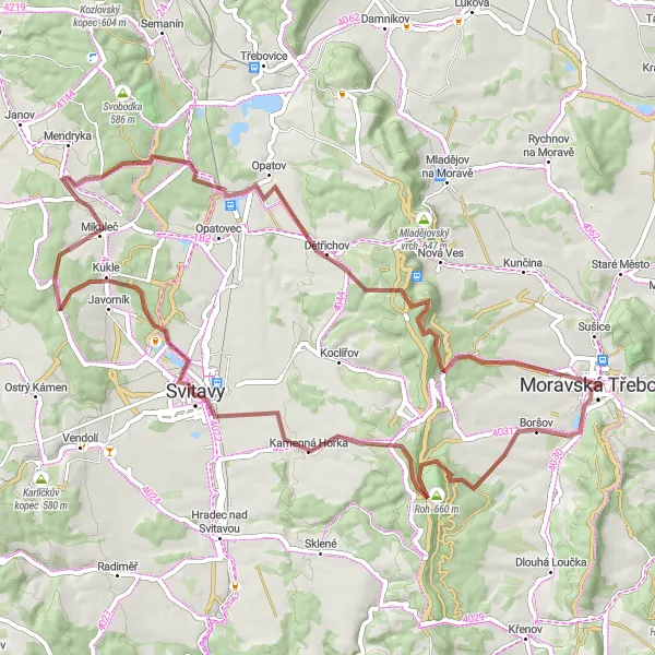 Mapa miniatúra "Gravel trasa Moravská Třebová - Udánky" cyklistická inšpirácia v Severovýchod, Czech Republic. Vygenerované cyklistickým plánovačom trás Tarmacs.app