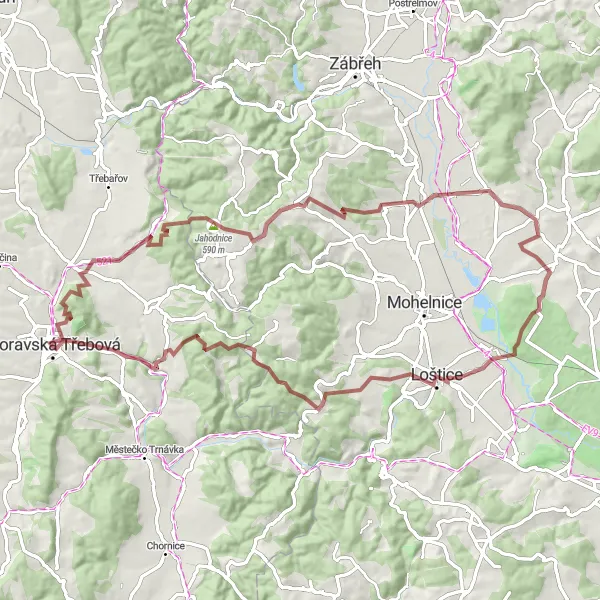 Miniaturní mapa "Gravelová trasa kolem Moravské Třebové" inspirace pro cyklisty v oblasti Severovýchod, Czech Republic. Vytvořeno pomocí plánovače tras Tarmacs.app