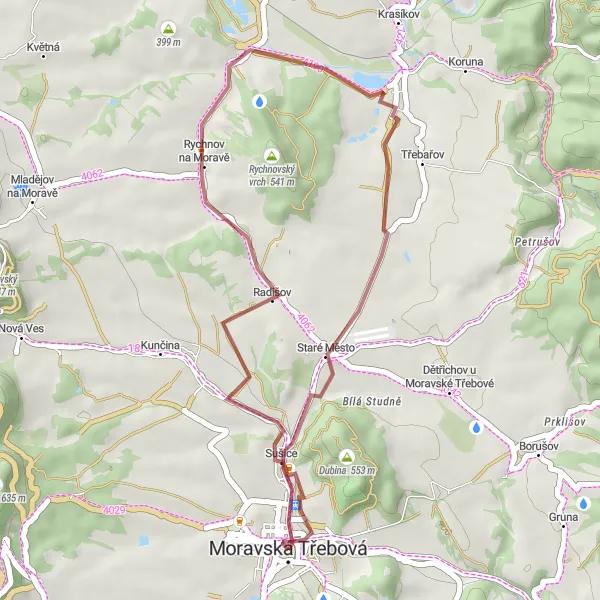 Map miniature of "Short Gravel Loop" cycling inspiration in Severovýchod, Czech Republic. Generated by Tarmacs.app cycling route planner