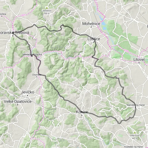 Miniaturní mapa "Okolím Moravské Třebové" inspirace pro cyklisty v oblasti Severovýchod, Czech Republic. Vytvořeno pomocí plánovače tras Tarmacs.app