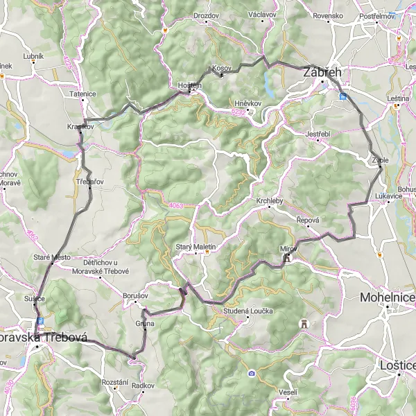 Map miniature of "Scenic Road Cycling in Moravská Třebová Region" cycling inspiration in Severovýchod, Czech Republic. Generated by Tarmacs.app cycling route planner
