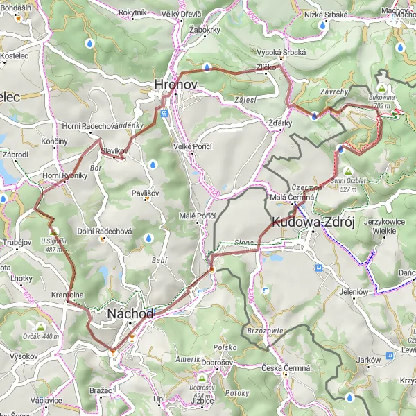 Mapa miniatúra "Gravelova trasa okolo Náchoda" cyklistická inšpirácia v Severovýchod, Czech Republic. Vygenerované cyklistickým plánovačom trás Tarmacs.app