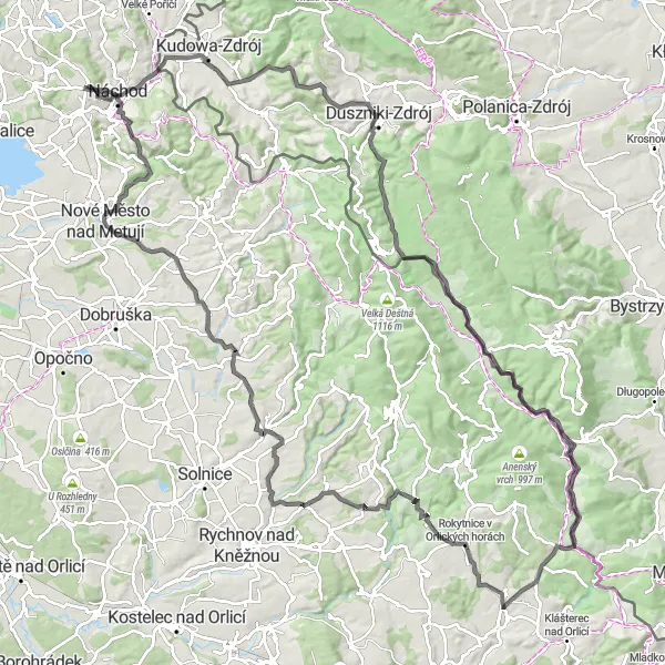 Map miniature of "Road Cycling Paradise around Náchod" cycling inspiration in Severovýchod, Czech Republic. Generated by Tarmacs.app cycling route planner