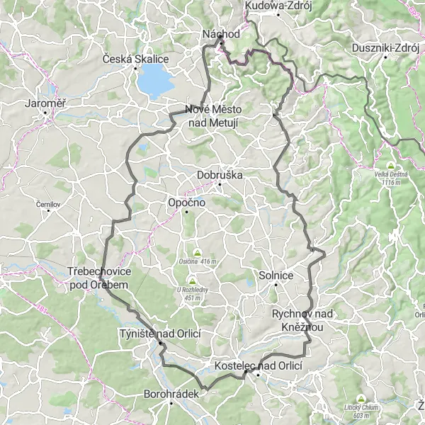 Miniatura mapy "Trasa Road 116 km w okolicach Náchod" - trasy rowerowej w Severovýchod, Czech Republic. Wygenerowane przez planer tras rowerowych Tarmacs.app