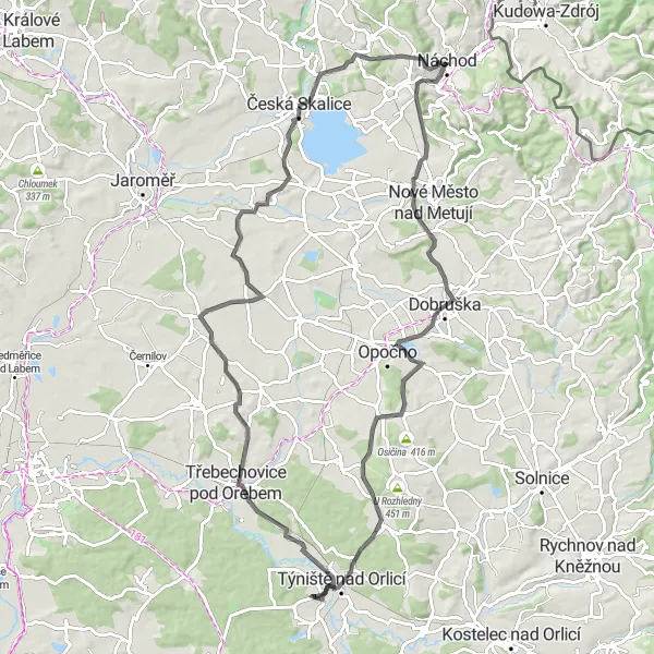 Mapa miniatúra "Cestná trasa s výhľadmi na Náchod" cyklistická inšpirácia v Severovýchod, Czech Republic. Vygenerované cyklistickým plánovačom trás Tarmacs.app