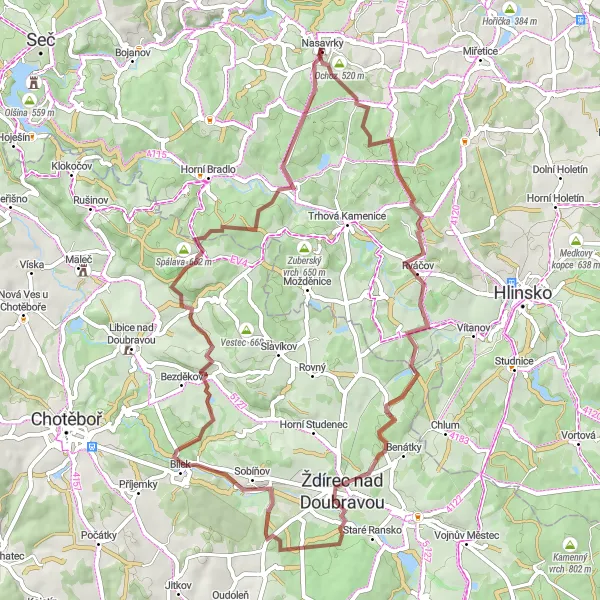 Map miniature of "Nasavrky Gravel Adventure" cycling inspiration in Severovýchod, Czech Republic. Generated by Tarmacs.app cycling route planner