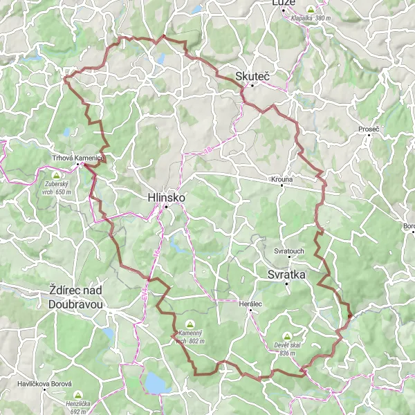 Miniaturní mapa "Gravelová trasa skrz Tisůvku až do Ochozu" inspirace pro cyklisty v oblasti Severovýchod, Czech Republic. Vytvořeno pomocí plánovače tras Tarmacs.app