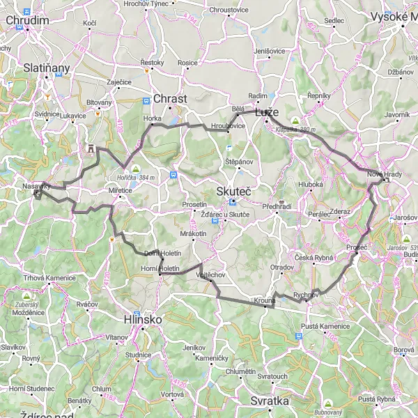 Mapa miniatúra "Cyklotrasa okolo Nasavrek (Severovýchod)" cyklistická inšpirácia v Severovýchod, Czech Republic. Vygenerované cyklistickým plánovačom trás Tarmacs.app