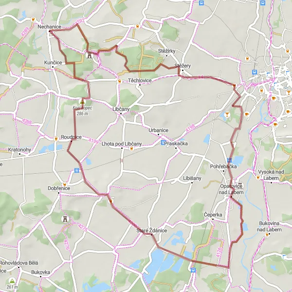 Miniaturní mapa "Gravelová cyklotrasa kolem Nechanic" inspirace pro cyklisty v oblasti Severovýchod, Czech Republic. Vytvořeno pomocí plánovače tras Tarmacs.app