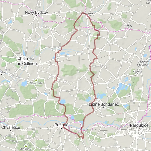 Miniaturní mapa "Gravelová cyklotrasa okolo Nechanic" inspirace pro cyklisty v oblasti Severovýchod, Czech Republic. Vytvořeno pomocí plánovače tras Tarmacs.app