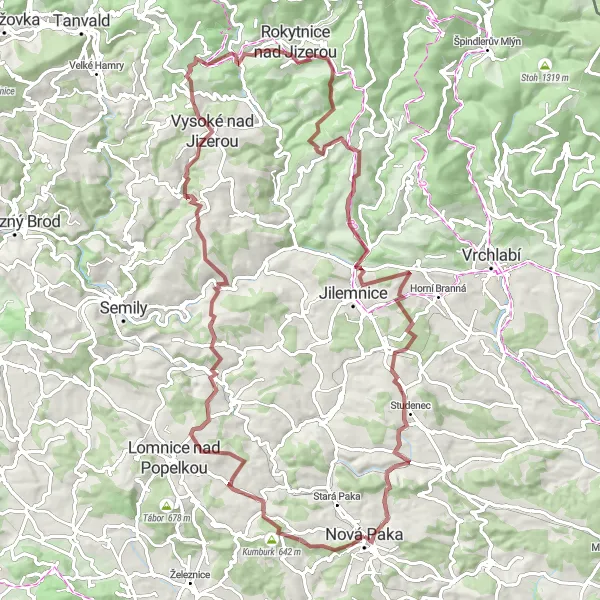 Mapa miniatúra "Extrémna Cyklotúra cez Košťálov a Petruškovy vrchy" cyklistická inšpirácia v Severovýchod, Czech Republic. Vygenerované cyklistickým plánovačom trás Tarmacs.app