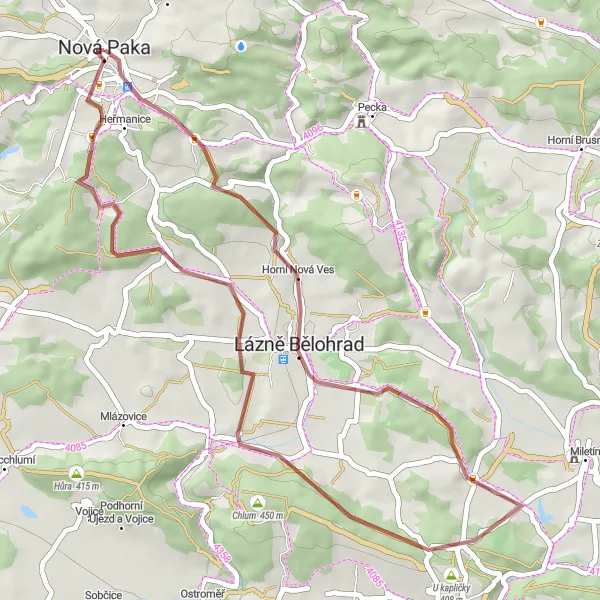 Miniaturní mapa "Gravelová exkurze okolo Nové Paky" inspirace pro cyklisty v oblasti Severovýchod, Czech Republic. Vytvořeno pomocí plánovače tras Tarmacs.app