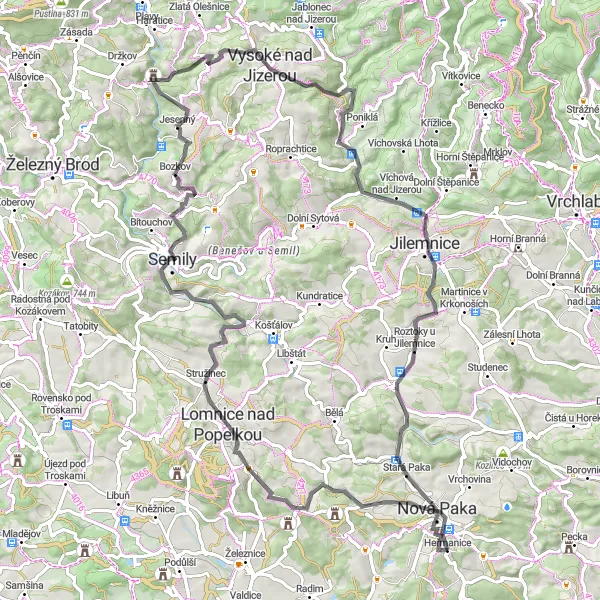 Map miniature of "The Scenic Road Adventure" cycling inspiration in Severovýchod, Czech Republic. Generated by Tarmacs.app cycling route planner