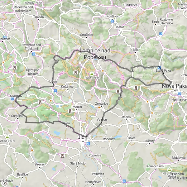 Karten-Miniaturansicht der Radinspiration "Rundfahrt von Nová Paka über 60 km" in Severovýchod, Czech Republic. Erstellt vom Tarmacs.app-Routenplaner für Radtouren