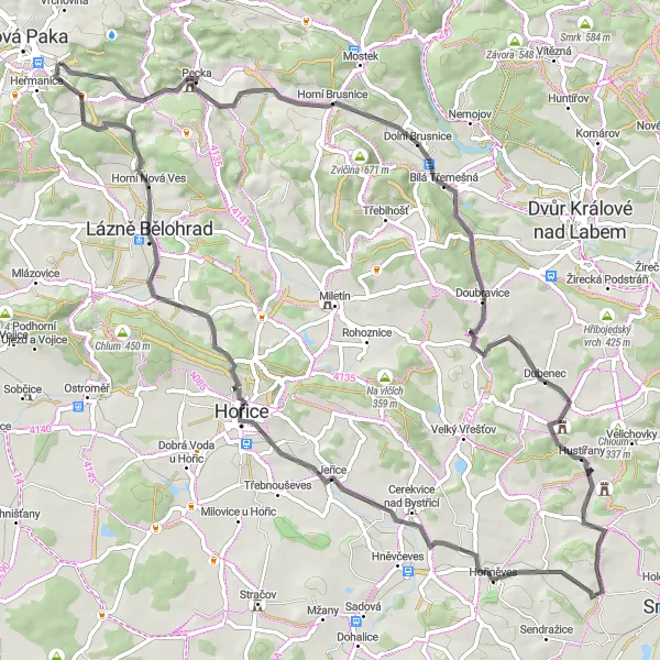 Miniaturní mapa "Výlet do malebného kraje" inspirace pro cyklisty v oblasti Severovýchod, Czech Republic. Vytvořeno pomocí plánovače tras Tarmacs.app