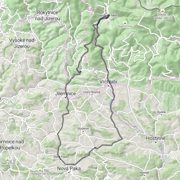 Mapa miniatúra "Cyklotrasa cez Špindlerův Mlýn a Rozhledna Kozinec" cyklistická inšpirácia v Severovýchod, Czech Republic. Vygenerované cyklistickým plánovačom trás Tarmacs.app