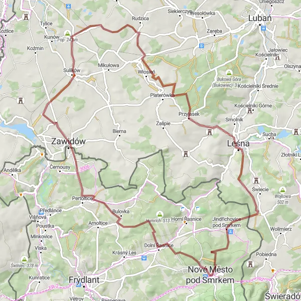 Miniaturní mapa "Cyklotrasa Dolní Řasnice - Jindřichovice pod Smrkem" inspirace pro cyklisty v oblasti Severovýchod, Czech Republic. Vytvořeno pomocí plánovače tras Tarmacs.app