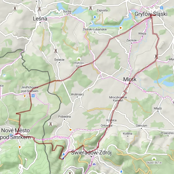 Mapa miniatúra "Gravel cycling route to the Polish border" cyklistická inšpirácia v Severovýchod, Czech Republic. Vygenerované cyklistickým plánovačom trás Tarmacs.app