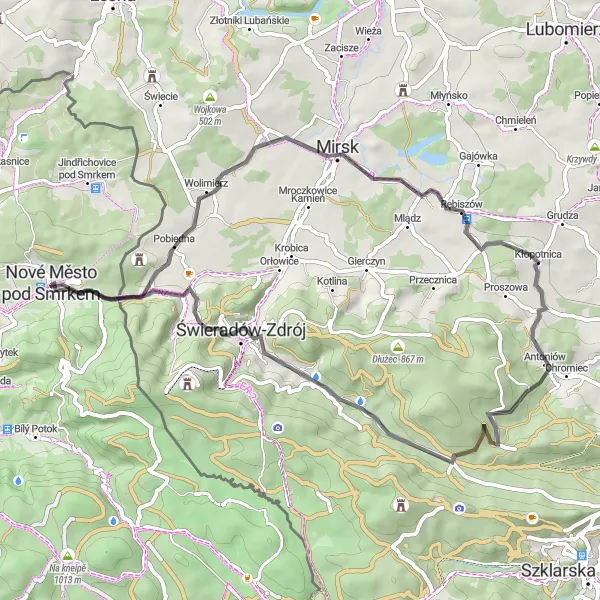 Mapa miniatúra "Výlet do Wieža Widokowa" cyklistická inšpirácia v Severovýchod, Czech Republic. Vygenerované cyklistickým plánovačom trás Tarmacs.app