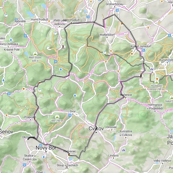 Map miniature of "Nový Bor - Kytlice Loop" cycling inspiration in Severovýchod, Czech Republic. Generated by Tarmacs.app cycling route planner
