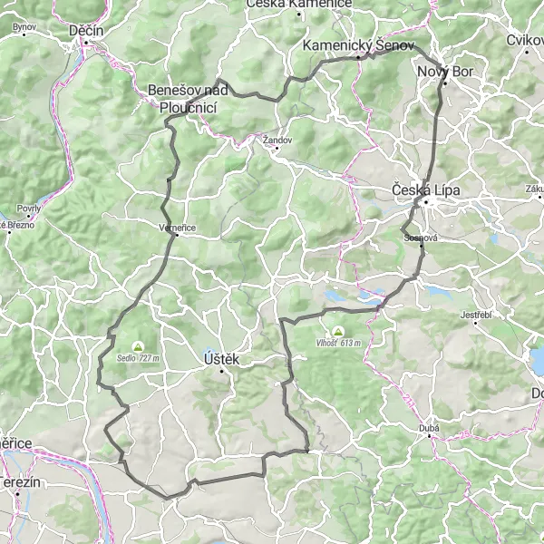 Mapa miniatúra "Okruhová cyklistická trasa Nový Bor - Pihel - Česká Lípa - Lada - Kalovice - Encovany - Kotelice - Litýš - Mlatce - Ploučnická vyhlídka - Panská skála - Nový Bor" cyklistická inšpirácia v Severovýchod, Czech Republic. Vygenerované cyklistickým plánovačom trás Tarmacs.app