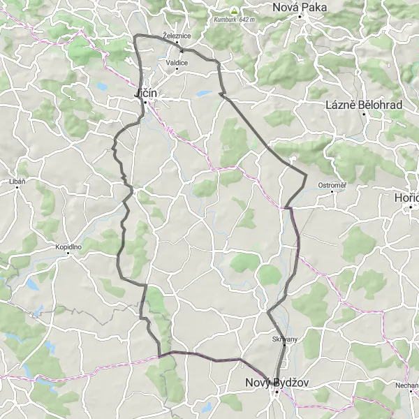 Miniaturní mapa "Okruh skrz Jičíněves a Radim" inspirace pro cyklisty v oblasti Severovýchod, Czech Republic. Vytvořeno pomocí plánovače tras Tarmacs.app