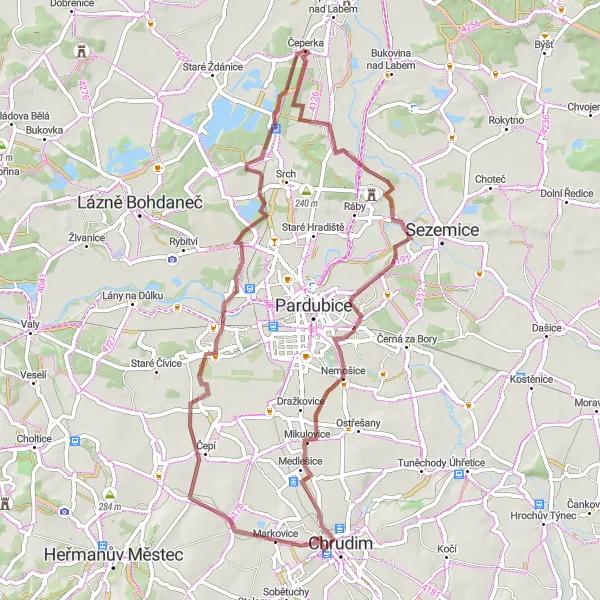 Map miniature of "The Gravel Challenge" cycling inspiration in Severovýchod, Czech Republic. Generated by Tarmacs.app cycling route planner