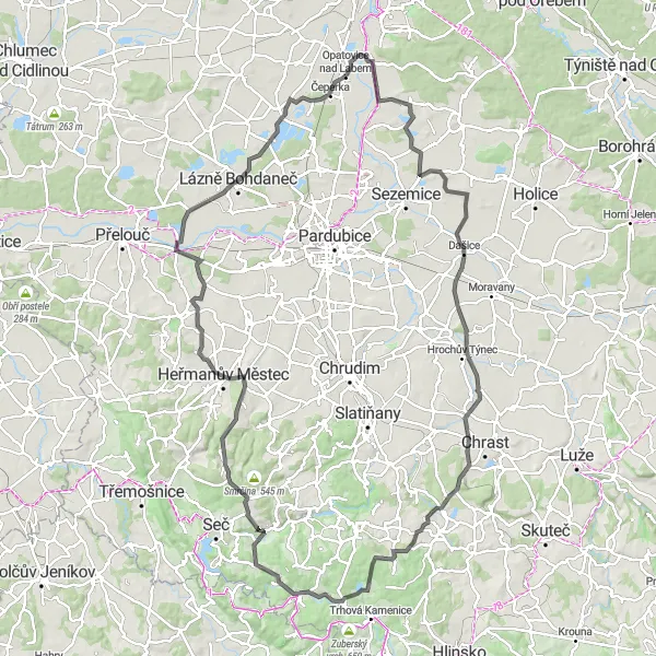 Map miniature of "Ultimate Climbing Challenge: Opatovice nad Labem Hill Fest" cycling inspiration in Severovýchod, Czech Republic. Generated by Tarmacs.app cycling route planner