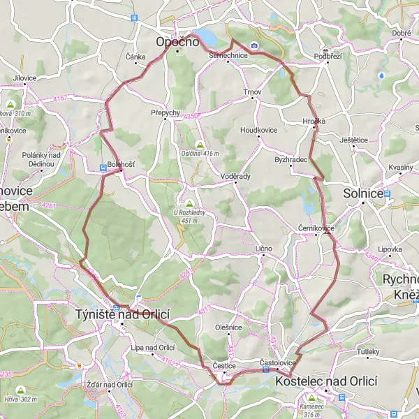 Miniaturní mapa "Relaxační gravelový výlet po okolí Opočna" inspirace pro cyklisty v oblasti Severovýchod, Czech Republic. Vytvořeno pomocí plánovače tras Tarmacs.app