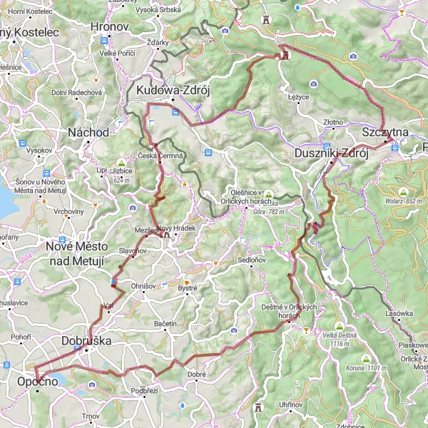 Mapa miniatúra "Gravel Okolo Opočna" cyklistická inšpirácia v Severovýchod, Czech Republic. Vygenerované cyklistickým plánovačom trás Tarmacs.app