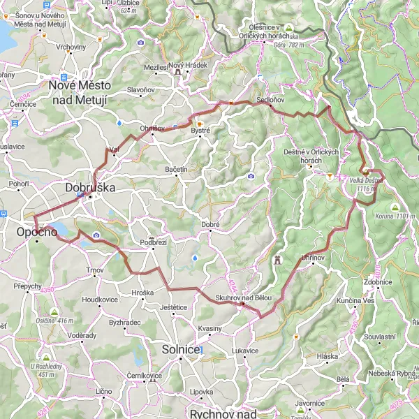 Map miniature of "Gravel Adventure: Opočno to Švamberk" cycling inspiration in Severovýchod, Czech Republic. Generated by Tarmacs.app cycling route planner