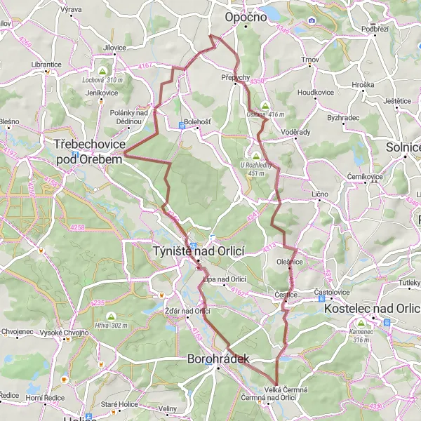 Mapa miniatúra "Trasa cez Osičinu a Týniště nad Orlicí" cyklistická inšpirácia v Severovýchod, Czech Republic. Vygenerované cyklistickým plánovačom trás Tarmacs.app