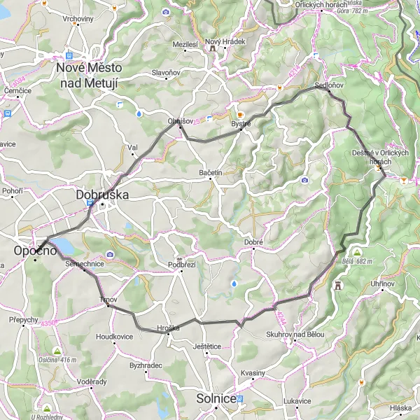 Miniaturní mapa "Cyklovýlet okolo Opočna s historickými zajímavostmi" inspirace pro cyklisty v oblasti Severovýchod, Czech Republic. Vytvořeno pomocí plánovače tras Tarmacs.app