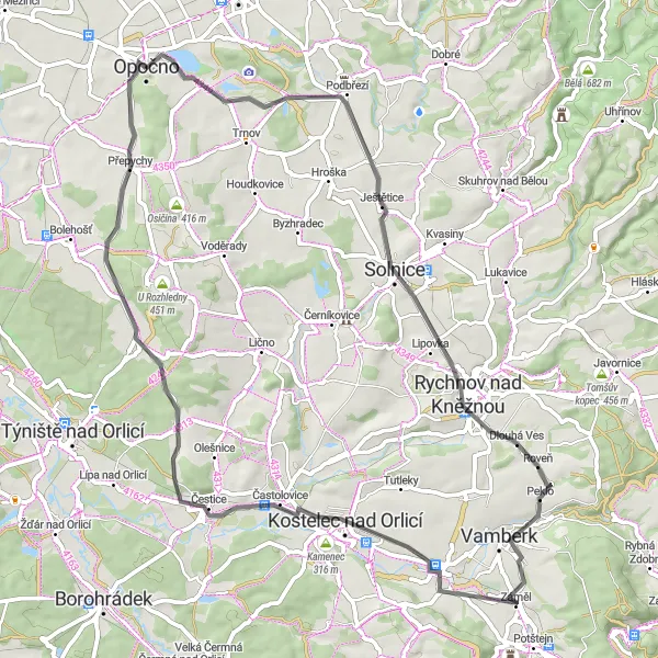 Miniaturní mapa "Road route Opočno - Severovýchod" inspirace pro cyklisty v oblasti Severovýchod, Czech Republic. Vytvořeno pomocí plánovače tras Tarmacs.app