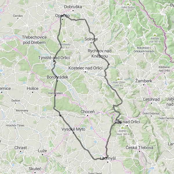 Map miniature of "Cycling Loop Around Opočno" cycling inspiration in Severovýchod, Czech Republic. Generated by Tarmacs.app cycling route planner