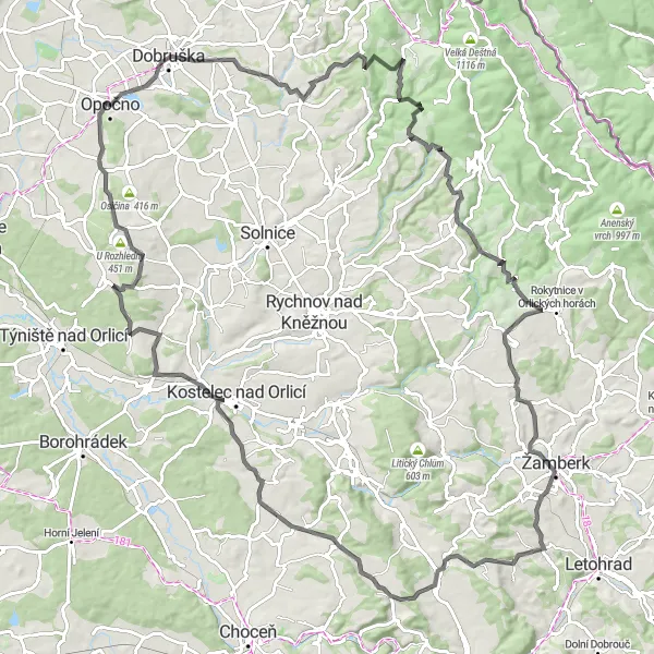 Miniaturní mapa "Cyklotrasa Radniční věž - Opočno Castle" inspirace pro cyklisty v oblasti Severovýchod, Czech Republic. Vytvořeno pomocí plánovače tras Tarmacs.app
