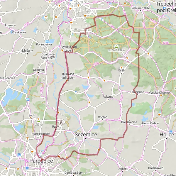 Mapa miniatúra "Okruh Pardubice - Severovýchod - 57 km (štvrťky) " cyklistická inšpirácia v Severovýchod, Czech Republic. Vygenerované cyklistickým plánovačom trás Tarmacs.app