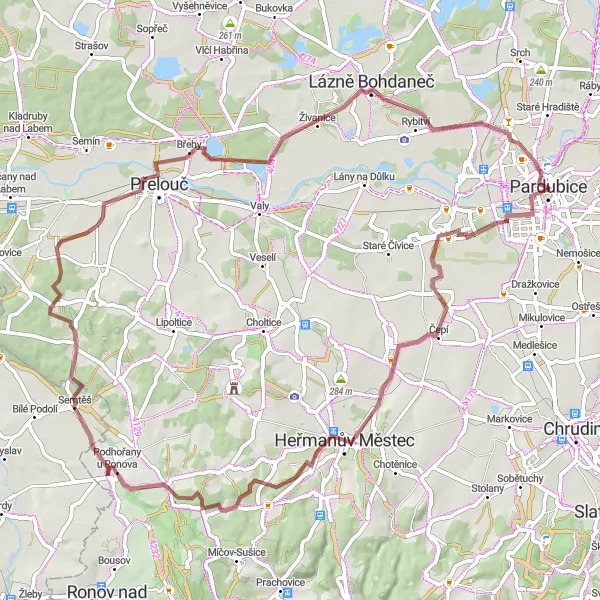 Mapa miniatúra "Another Gravel Route near Pardubice" cyklistická inšpirácia v Severovýchod, Czech Republic. Vygenerované cyklistickým plánovačom trás Tarmacs.app