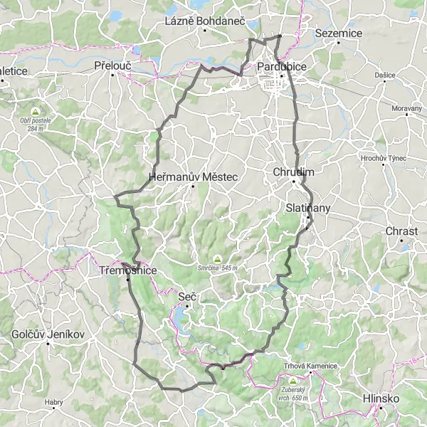 Mapa miniatúra "Challenging Road Cycling Route near Pardubice" cyklistická inšpirácia v Severovýchod, Czech Republic. Vygenerované cyklistickým plánovačom trás Tarmacs.app