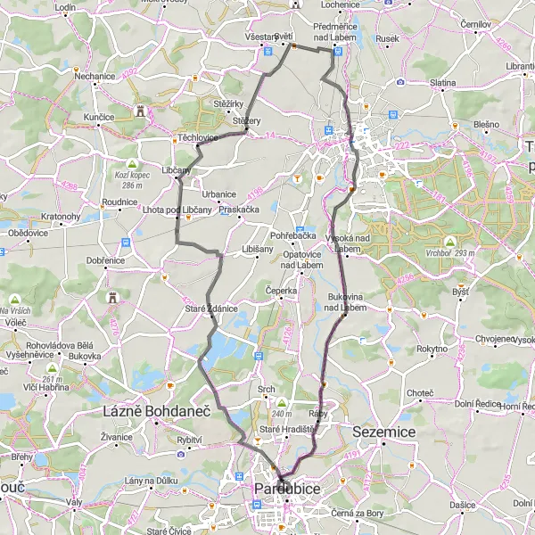 Mapa miniatúra "Okruh Pardubice - Severovýchod - 64 km (cestný bicykel)" cyklistická inšpirácia v Severovýchod, Czech Republic. Vygenerované cyklistickým plánovačom trás Tarmacs.app