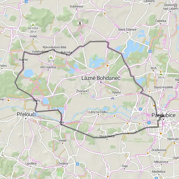 Miniaturní mapa "Road Cycling Tour around Pardubice" inspirace pro cyklisty v oblasti Severovýchod, Czech Republic. Vytvořeno pomocí plánovače tras Tarmacs.app