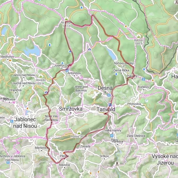 Map miniature of "Pěnčín Gravel Cycling Route 2" cycling inspiration in Severovýchod, Czech Republic. Generated by Tarmacs.app cycling route planner