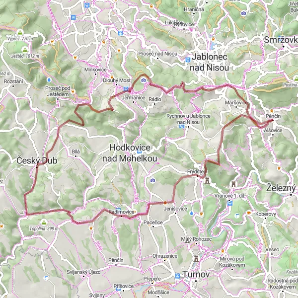 Miniaturní mapa "Gravel Kolem Kopaniny" inspirace pro cyklisty v oblasti Severovýchod, Czech Republic. Vytvořeno pomocí plánovače tras Tarmacs.app