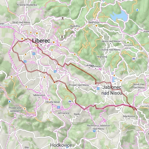 Mapa miniatúra "Gravelový okruh okolo Jablonce nad Nisou" cyklistická inšpirácia v Severovýchod, Czech Republic. Vygenerované cyklistickým plánovačom trás Tarmacs.app