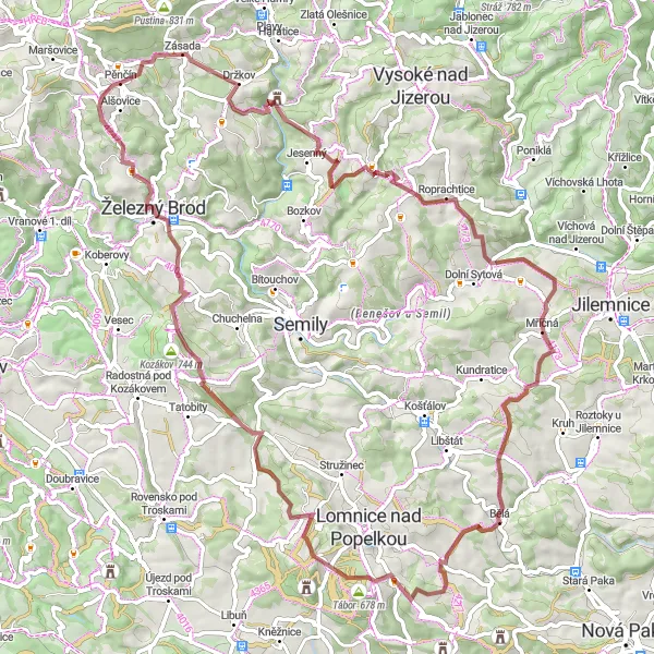 Mapa miniatúra "Gravelová trasa kolem Nové Vsi nad Popelkou" cyklistická inšpirácia v Severovýchod, Czech Republic. Vygenerované cyklistickým plánovačom trás Tarmacs.app