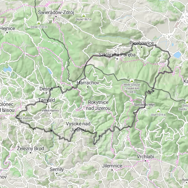 Mapa miniatúra "Okruh přes Krkonoše a Jizerské hory" cyklistická inšpirácia v Severovýchod, Czech Republic. Vygenerované cyklistickým plánovačom trás Tarmacs.app