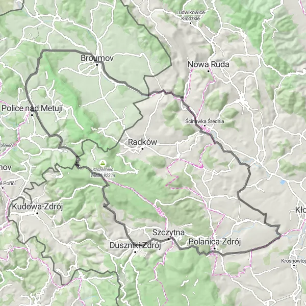 Miniatura mapy "Przejazd rowerowy przez górzyste drogi w okolicach Police nad Metují" - trasy rowerowej w Severovýchod, Czech Republic. Wygenerowane przez planer tras rowerowych Tarmacs.app