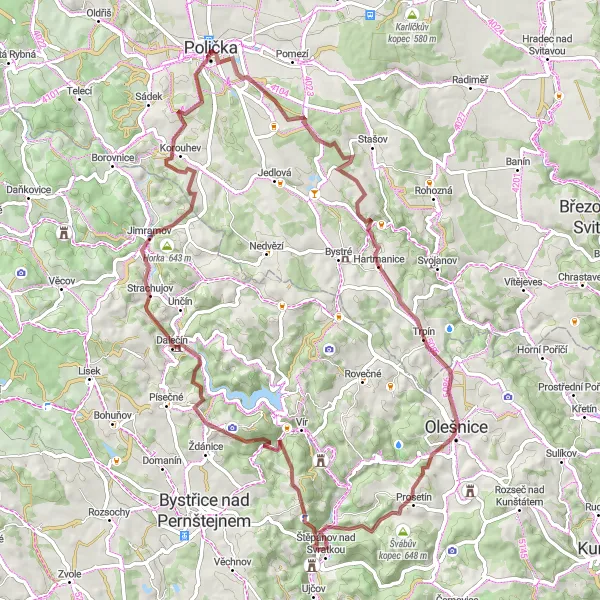 Map miniature of "Polička-Explorer Trail" cycling inspiration in Severovýchod, Czech Republic. Generated by Tarmacs.app cycling route planner